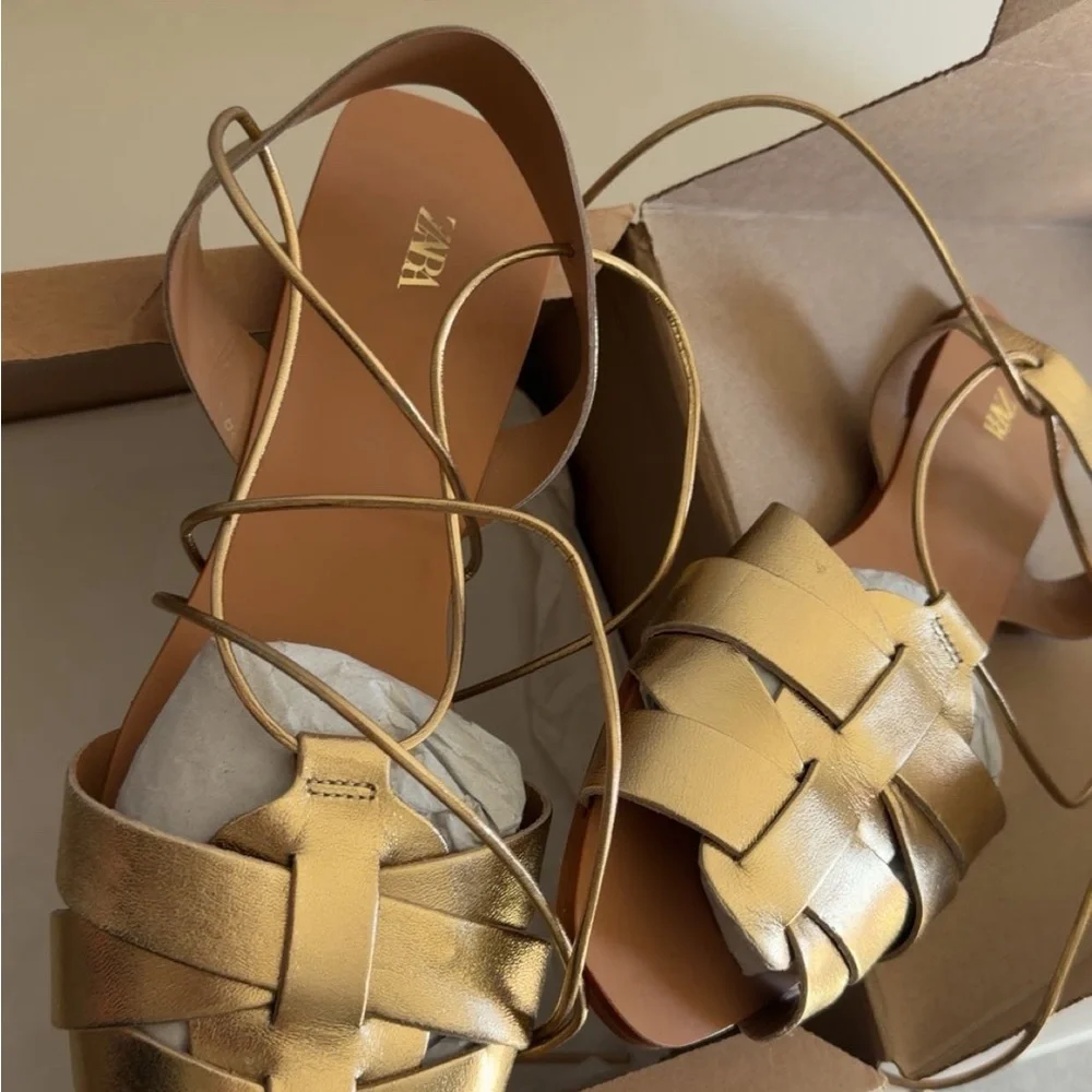 ZARA Metallic Gold Woven Lace-Up Sandals - Picture 2 of 4